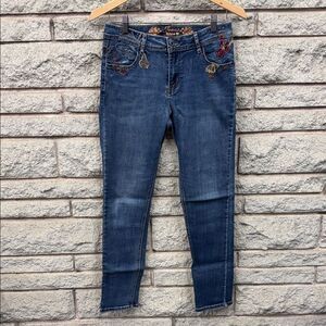 Embroidered Dark Wash Skinny Jeans - Women's Blue Denim